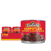 La Costeña chipotle peppers in adobo sauce jar adds smoky heat to tacos and sauces.