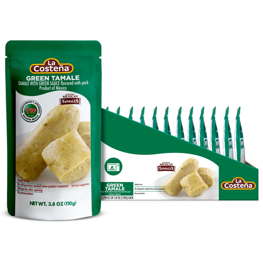 La Costena green tamales pork-packaging shows microwave-ready meal for quick lunches