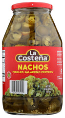 La Costeña nacho sliced jalapeños in a 64 oz jar ready to top nachos