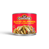 La Costeña sliced jalapenos jar closeup for ready-to-use heat.