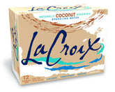 La Croix Coconut bottle pouring, showcasing refreshing zero-calorie flavor.