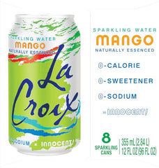 La Croix Mango can closeup reveals recyclable cans and BPA-free liner.