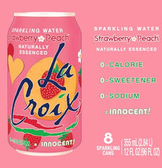 La Croix Strawberry Peach label highlights natural essences for a vibrant aroma.
