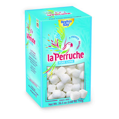 La Perruche white sugar cubes 750g pack on counter for elegant tea service.