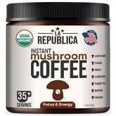 La Republica Instant Mushroom Coffee jar shows organic blend for smooth energy and focus.
