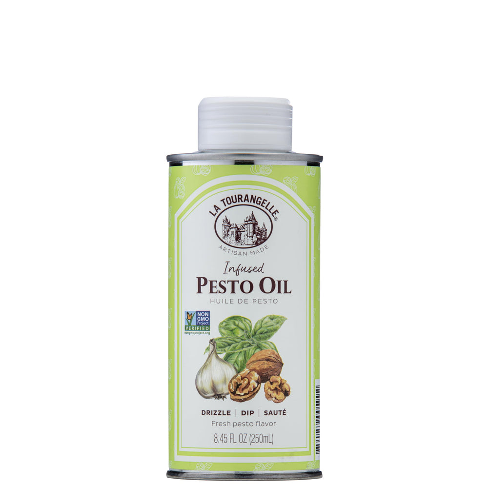 La Tourangelle Pesto Oil bottle shows walnut-basil aroma ideal for pasta and salads.