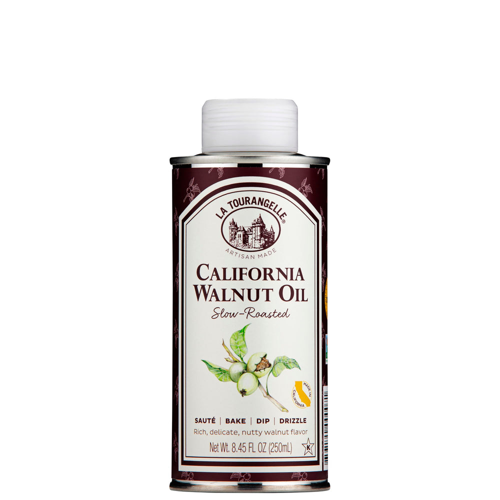 La Tourangelle roasted walnut oil bottle on counter adds nutty depth to meals.