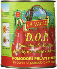 La Valle San Marzano DOP Tomatoes label closeup highlights quality and vibrant color for sauces.