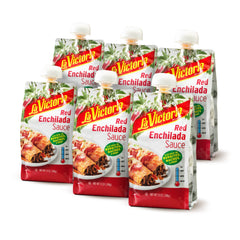La Victoria Red Enchilada Sauce pouch label shows mild flavor for versatile meals.