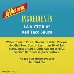 La Victoria Red Taco Sauce Mild being poured over tacos.