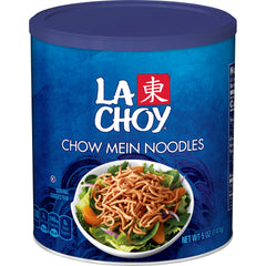 La Choy Chow Mein Noodles can and bowl show quick-crunch texture for meals.