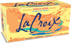LaCroix Peach Pear can 8-pack with bright bubbles for a zero-calorie refreshment.