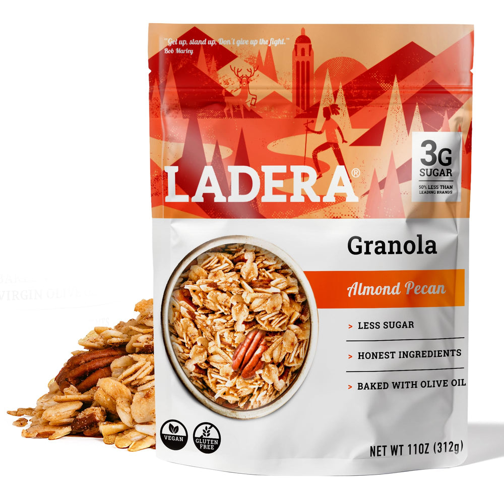 LADERA Almond Pecan Granola bag close-up; toasted nuts for a low-sugar breakfast.
