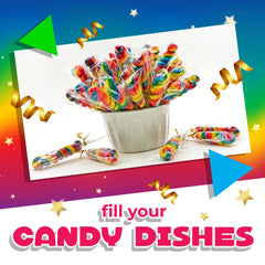 LAETAFOOD Carnival-style rainbow lollipops add visual pop to party favors.