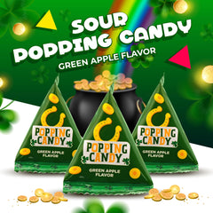 LAETAFOOD Green apple popping candy close-up highlighting crackling texture.
