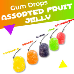 LAETAFOOD Gum Drops orange and grape flavors presented in colorful candy pieces.
