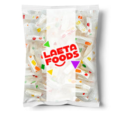 Close-up of chewy nougat and bright jelly bits in LAETAFOOD candy.