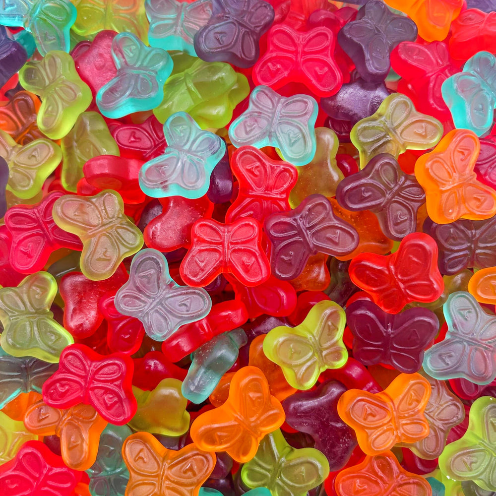 LAETAFOOD Mini Gummy Butterflies in bag showcase mixed fruit flavors for snacking.