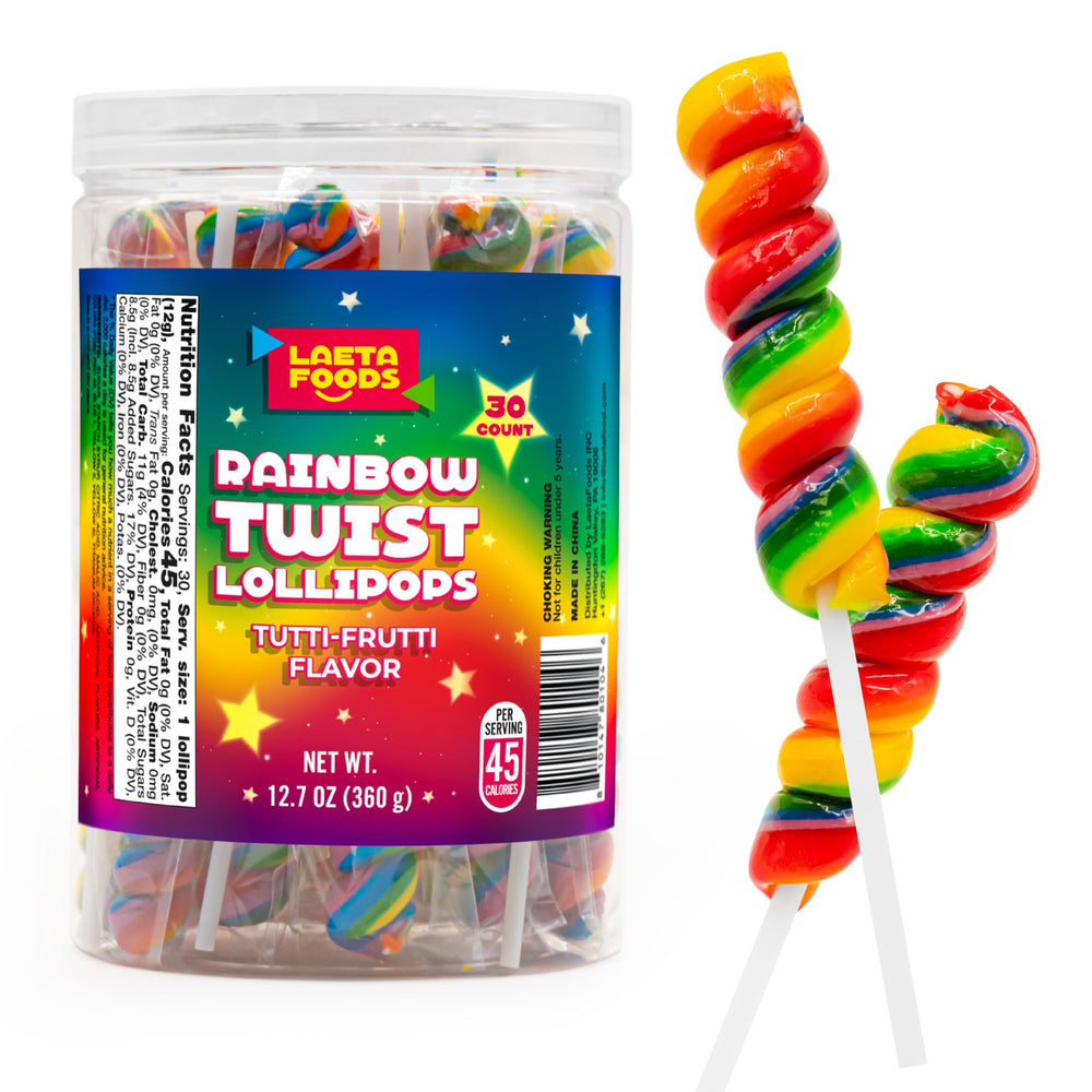 LAETAFOOD Rainbow Swirl Lollipops in a jar brighten party tables and gift baskets.