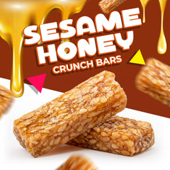 LAETAFOOD Sesame Honey Crunch Bars on wood board highlighting crisp texture and honey sweetness