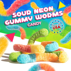 LAETAFOOD neon gummy worms decorate a dessert table with festive color.