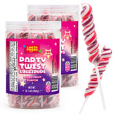 LAETAFOOD Swirl Lollipops two jars display with vibrant pink mixed fruit, ideal party favors.