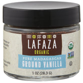 LAFAZA vanilla powder bottle shows pure Madagascar vanilla for versatile baking.