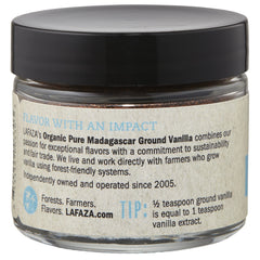 LAFAZA vanilla powder jar-label communicates organic kosher quality for cooking.