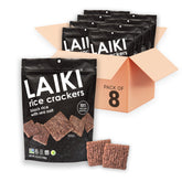 LAIKI gluten-free rice crackers in black rice packaging, convenient gluten-free snack.