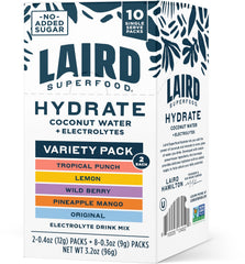 Laird Hydrate coconut water stick in a resealable pack for on-the-go hydration.