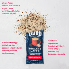 Laird Superfood Instant Latte badge highlights gluten-free ingredients.