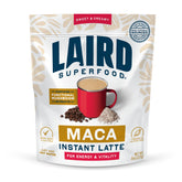 Laird Superfood Maca Instant Latte cup shows creamy non-dairy creamer for morning energy.