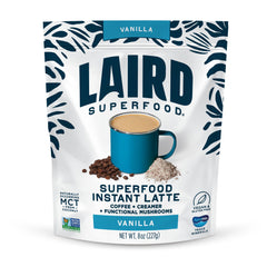 Laird Superfood Vanilla Instant Latte bag displaying packaging and vanilla ingredients for a dairy-free latte.