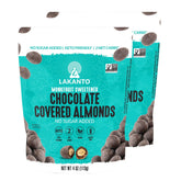 Lakanto chocolate-covered almonds with dark chocolate and sea salt, keto-friendly indulgence.