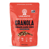 Lakanto Cinnamon Almond Crunch Granola pack shot showing no sugar added and gluten-free ingredients