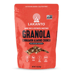Lakanto Cinnamon Almond Crunch Granola pack shot showing no sugar added and gluten-free ingredients