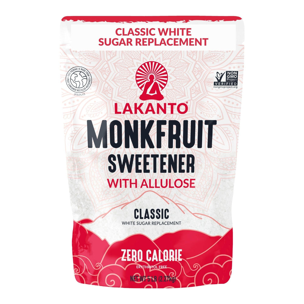 Lakanto Classic Monk Fruit Sweetener bag showing 5 lb package, ideal 1:1 sugar substitute for baking and cooking