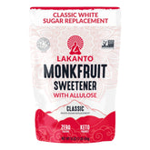 Lakanto Classic Monkfruit Allulose bottle pour demonstrates zero-calorie sweetness for beverages and baking.