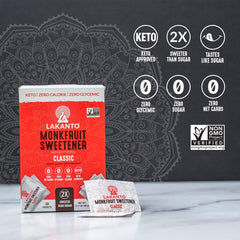 Lakanto Classic Monkfruit Sweetener packets on a dessert plate for light, natural sweetness