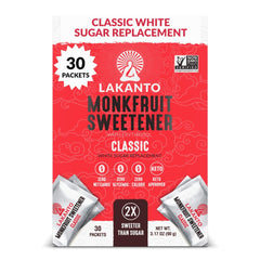 Lakanto Classic Monkfruit Sweetener packets in a tea cup for calorie-free sweetness