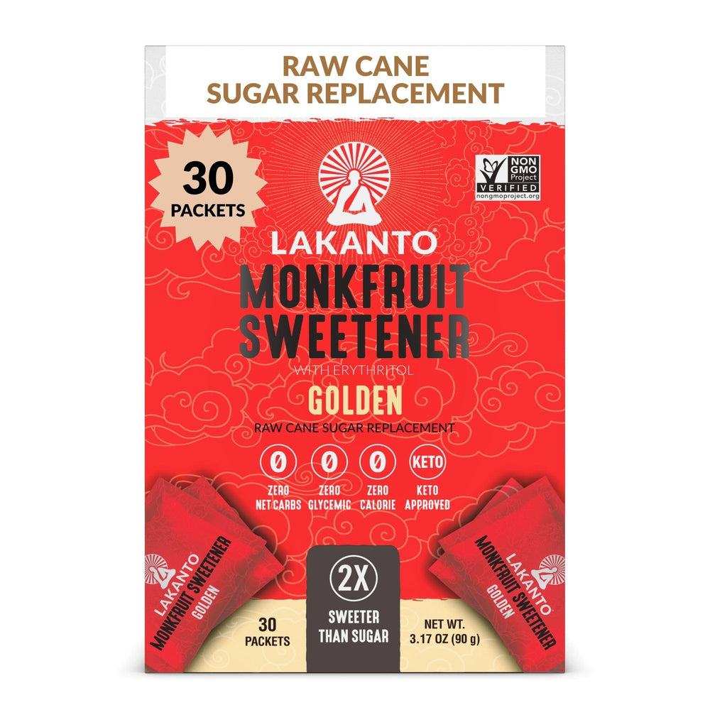 Lakanto Golden Monk Fruit packets on the go for quick, guilt-free sweetness.