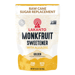 Lakanto Golden Monkfruit Sweetener bag poured for sugar-free coffee and tea.