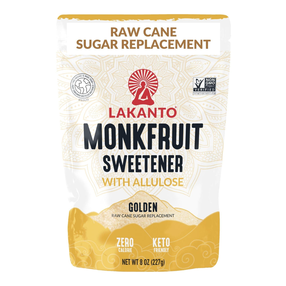 Lakanto Golden Monkfruit Sweetener bag showing calorie-free sugar substitute for baking