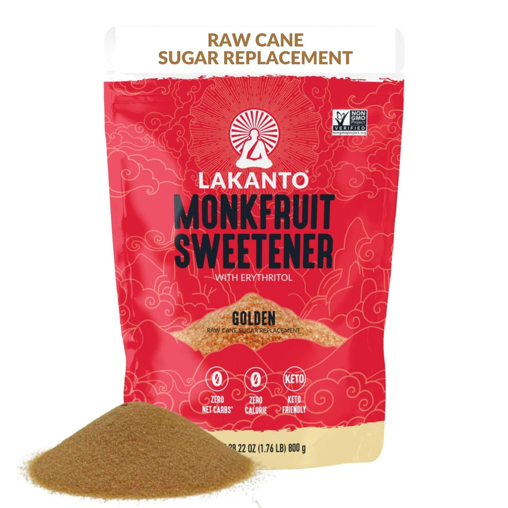 Lakanto Golden Monkfruit Sweetener bottle pouring caramel-like sweetness into coffee