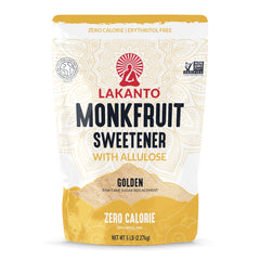 Lakanto Golden packaging highlights monk fruit and allulose for sugar replacement