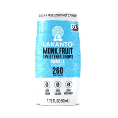 Lakanto Vanilla Monk Fruit Drops bottle poured into coffee for zero-calorie sweetness.