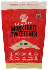 Lakanto monk fruit sweetener golden bottle on kitchen counter showing zero calories benefit