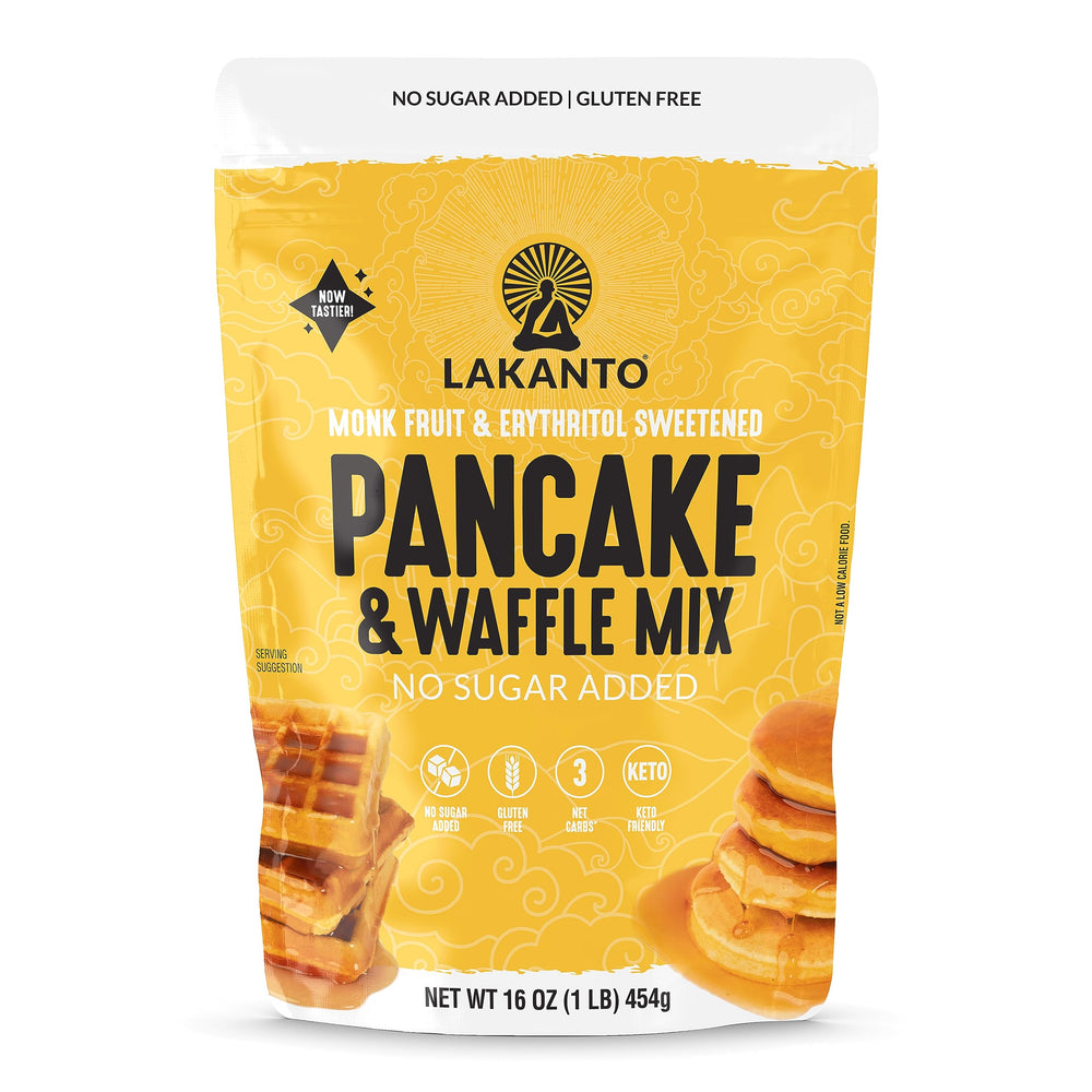 Lakanto Pancake and Waffle Mix box on counter, gluten-free breakfast option.