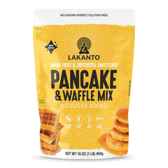 Lakanto Pancake and Waffle Mix box on counter, gluten-free breakfast option.