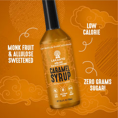 Lakanto Simple Syrup caramel bottle with cocktail glass, showcasing versatile drink use.